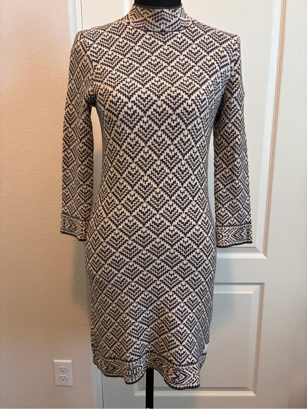 Odd Molly Black and Cream Geometric Knit Turtleneck Dress #99A